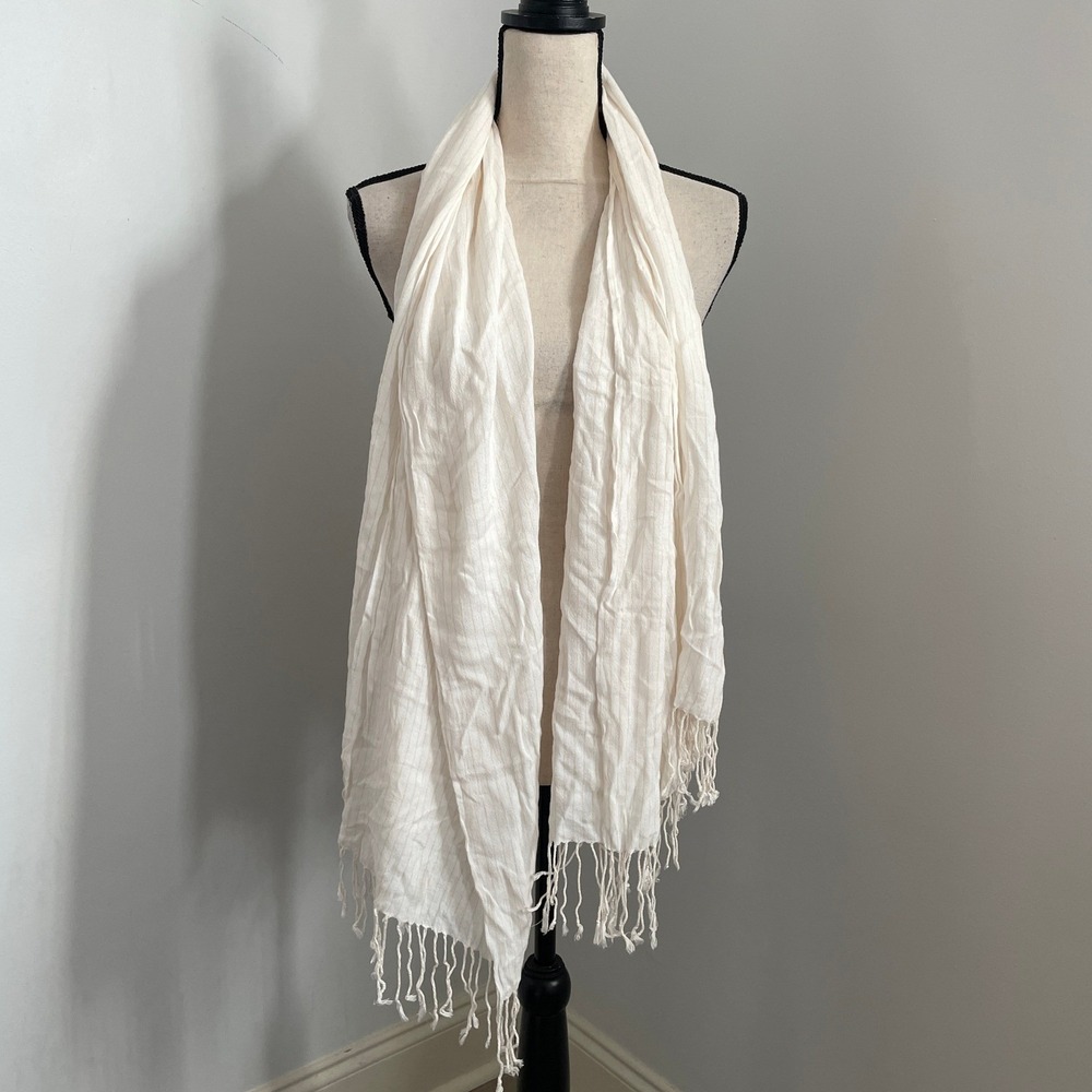 Soft Touch‎ White Gold Striped Scarf Fringe Edges Lightweight Preppy Soft Girl